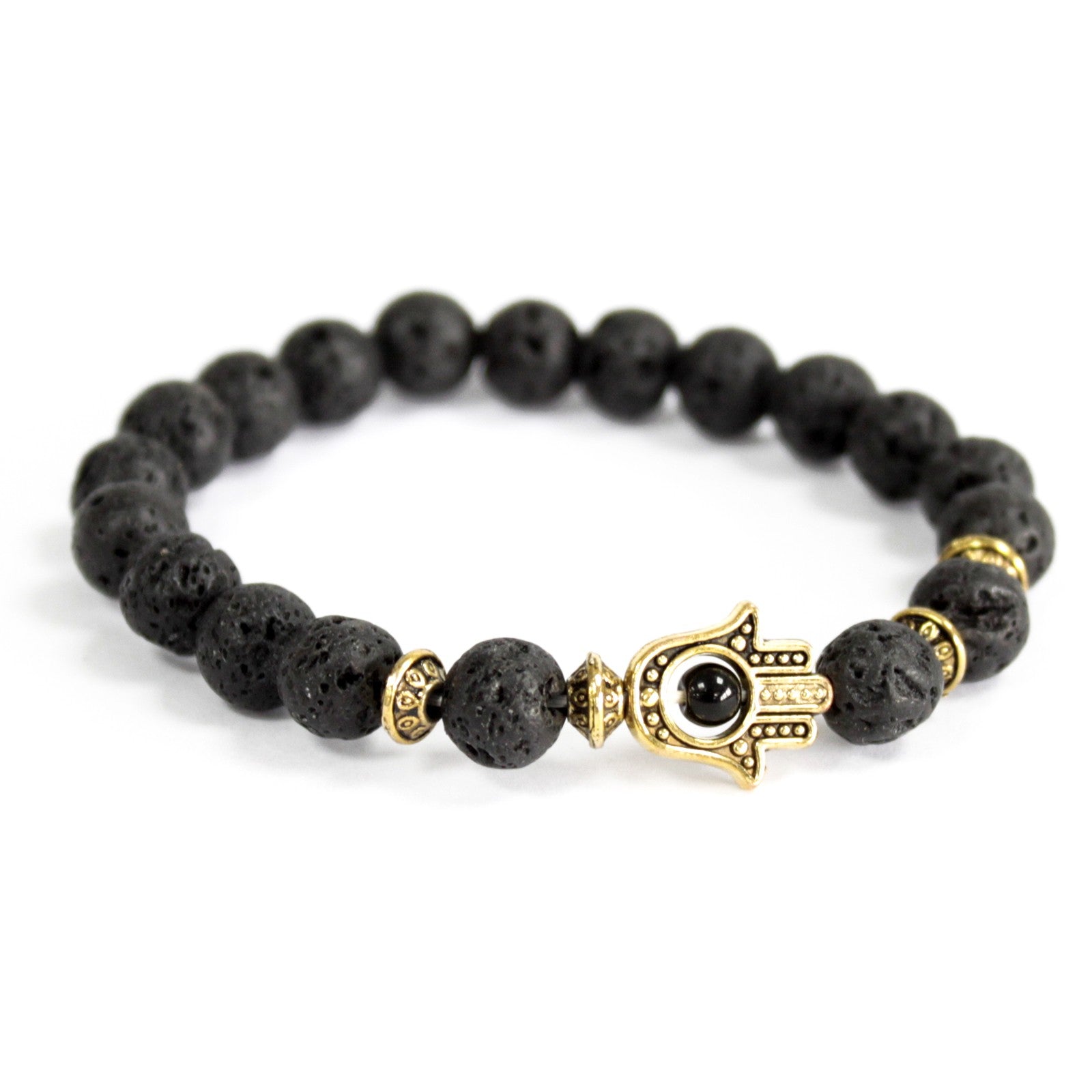 Gold Hamsa Lava Stone - Gemstone Bracelet