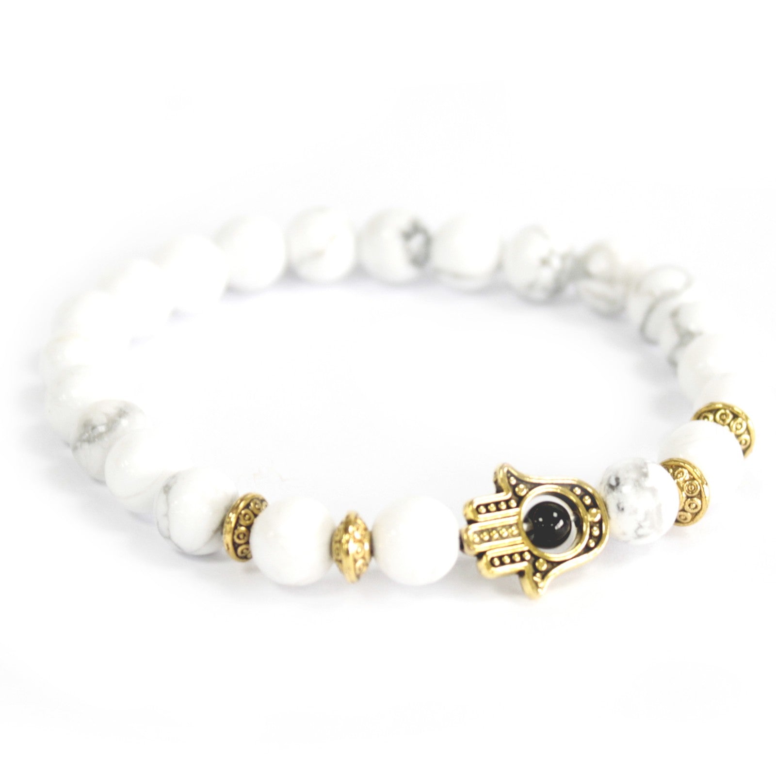 Gold Hamsa White Jasper Stone - Gemstone Bracelet