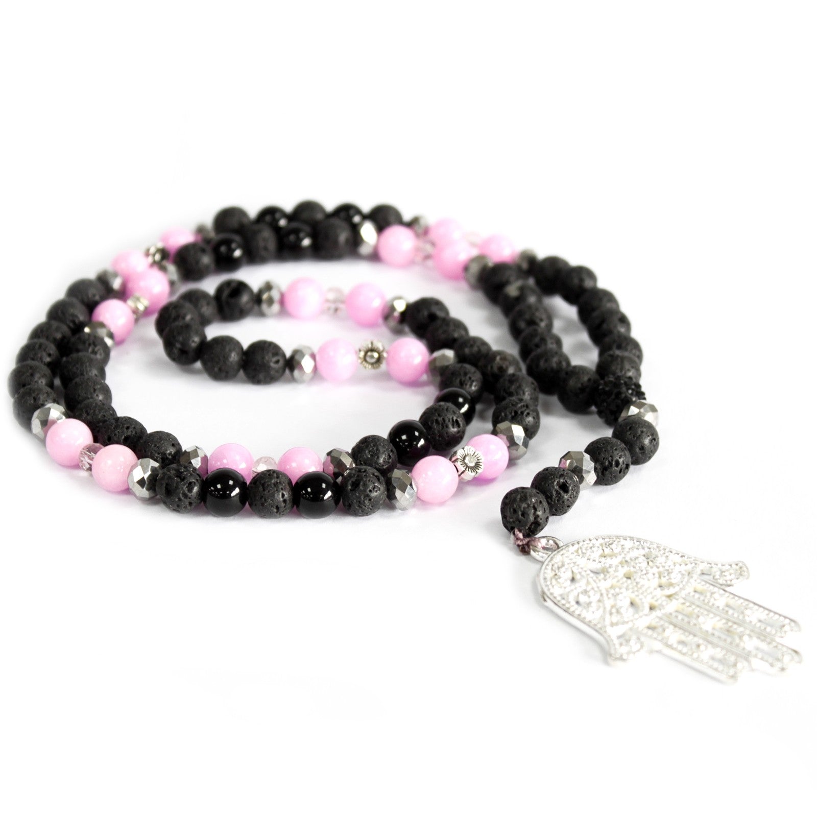 Pink & Black Hamsa Necklace - Gemstone Necklace