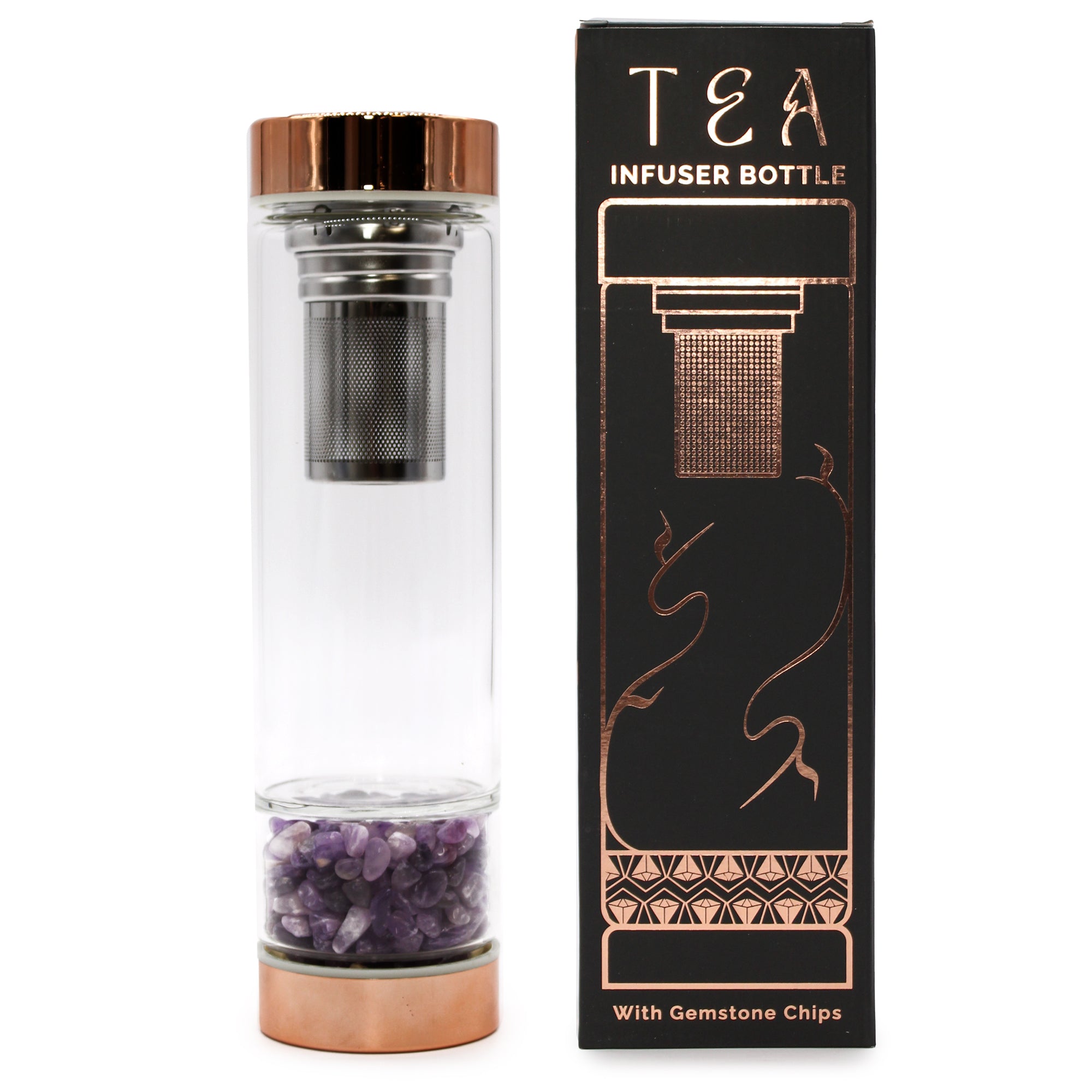 Amethyst - Crystal Glass Tea Infuser Bottle - Rose Gold