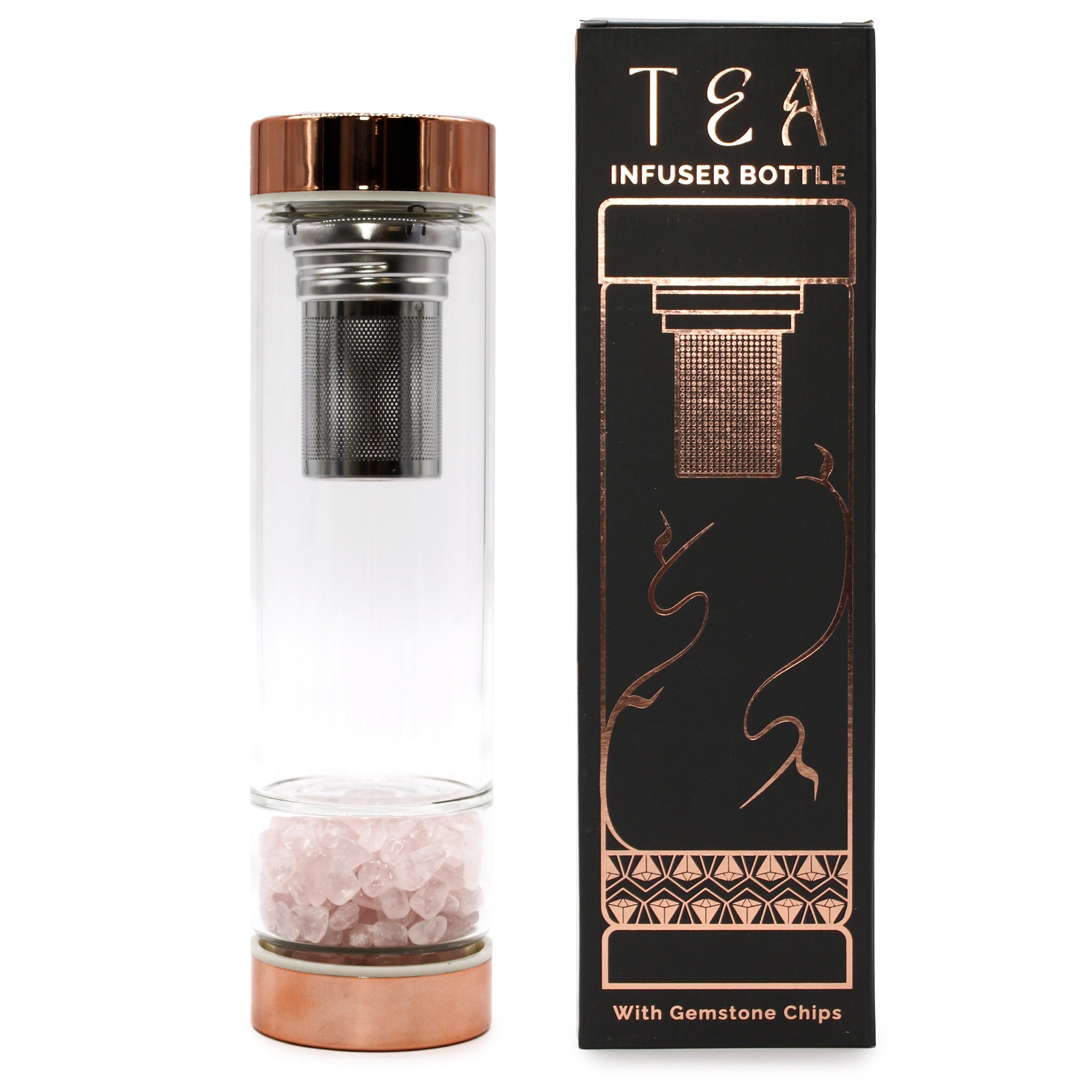 Rose Quartz - Crystal Glass Tea Infuser Bottle - Rose Gold