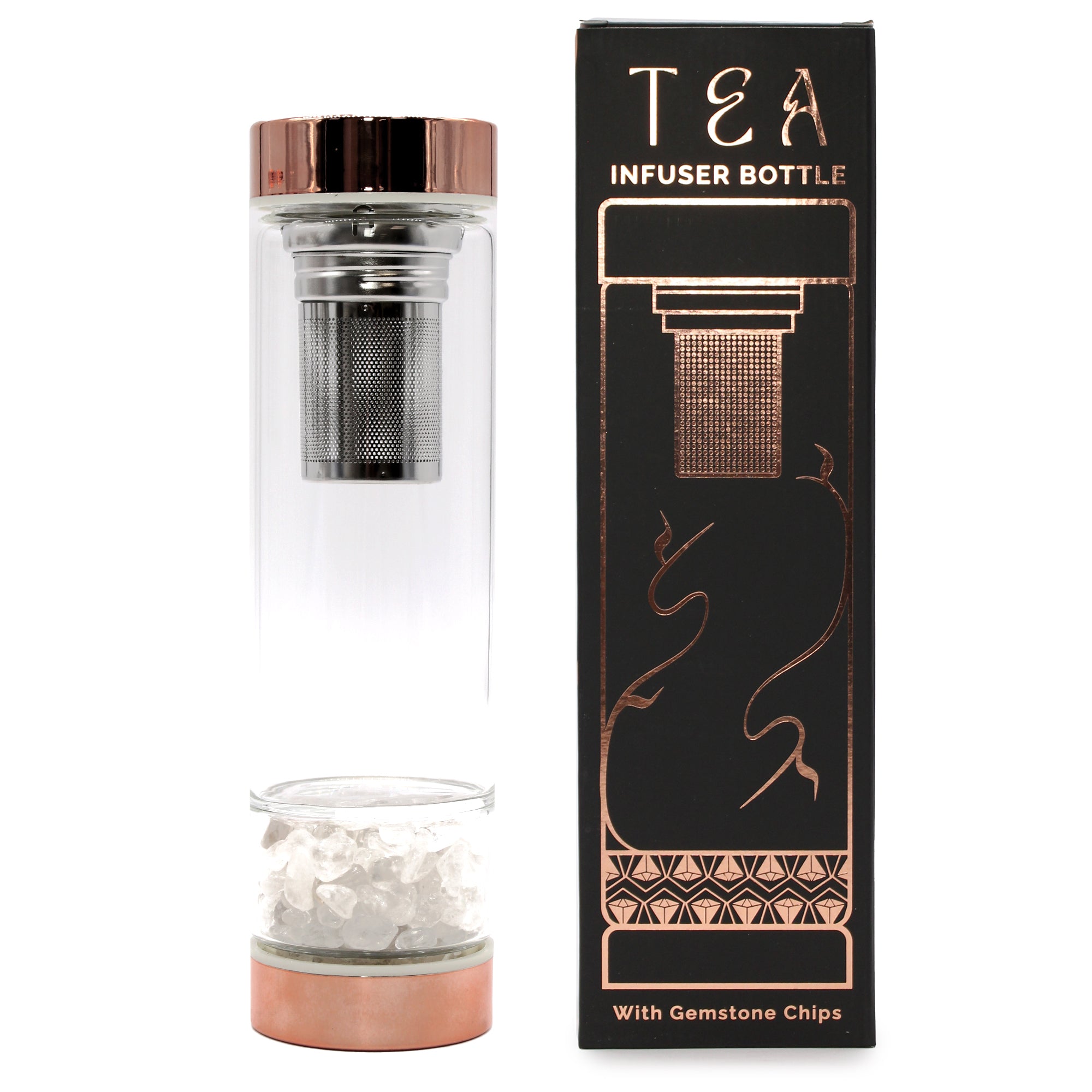 Rock Quartz - Crystal Glass Tea Infuser Bottle - Rose Gold