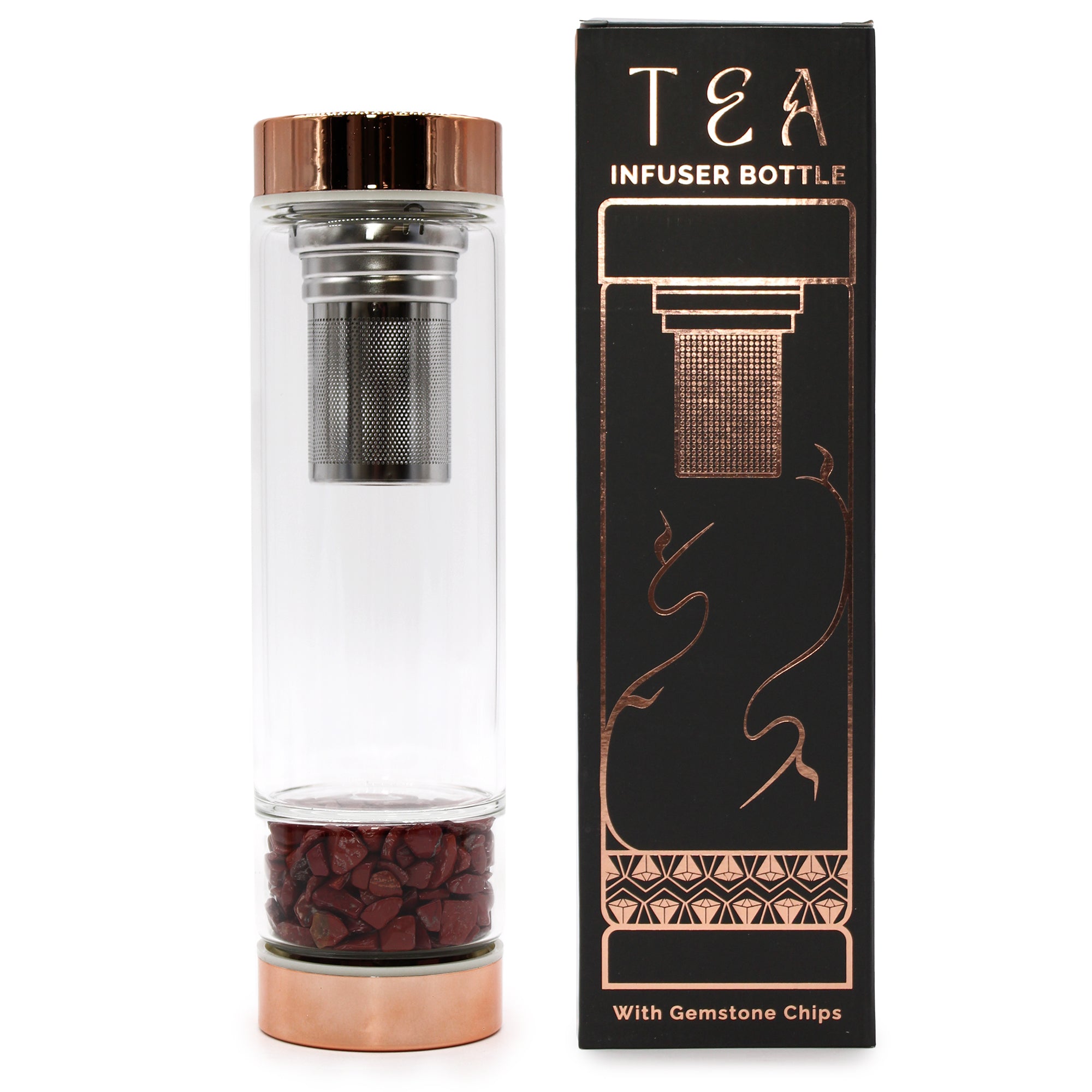 Red Jasper - Crystal Glass Tea Infuser Bottle - Rose Gold