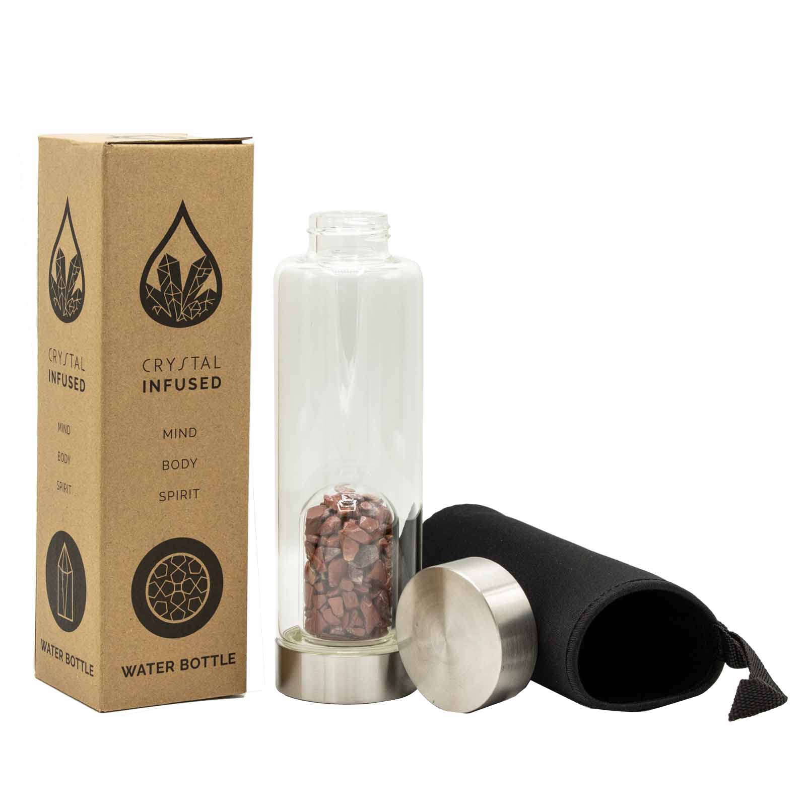 Invigorating Red Jasper - Crystal Infused Glass Water Bottle - Chips