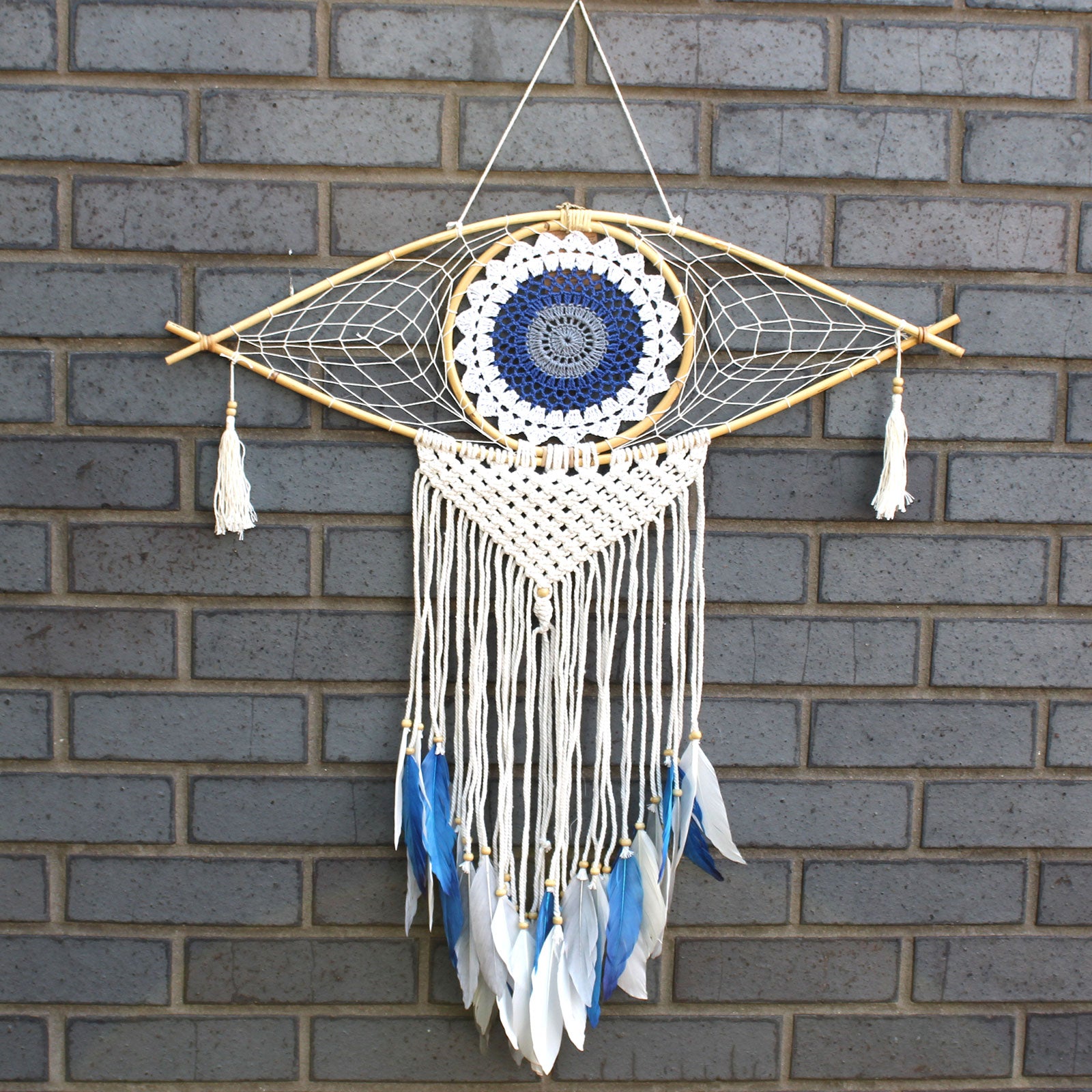 Protection Dream Catcher - Large Macrame Evil Eye White Blue Grey