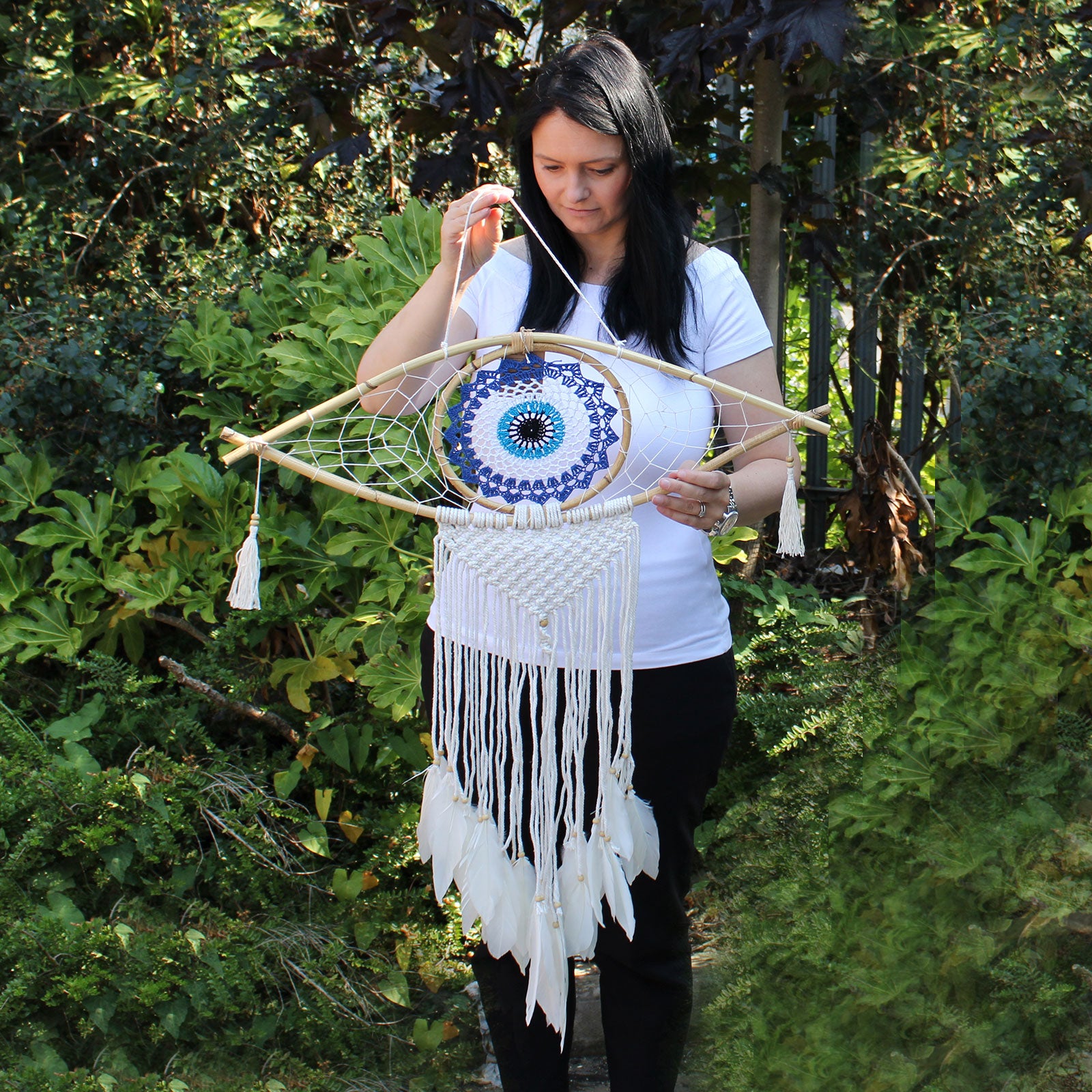 Protection Dream Catcher - Large Macrame Evil Eye White Blue Grey