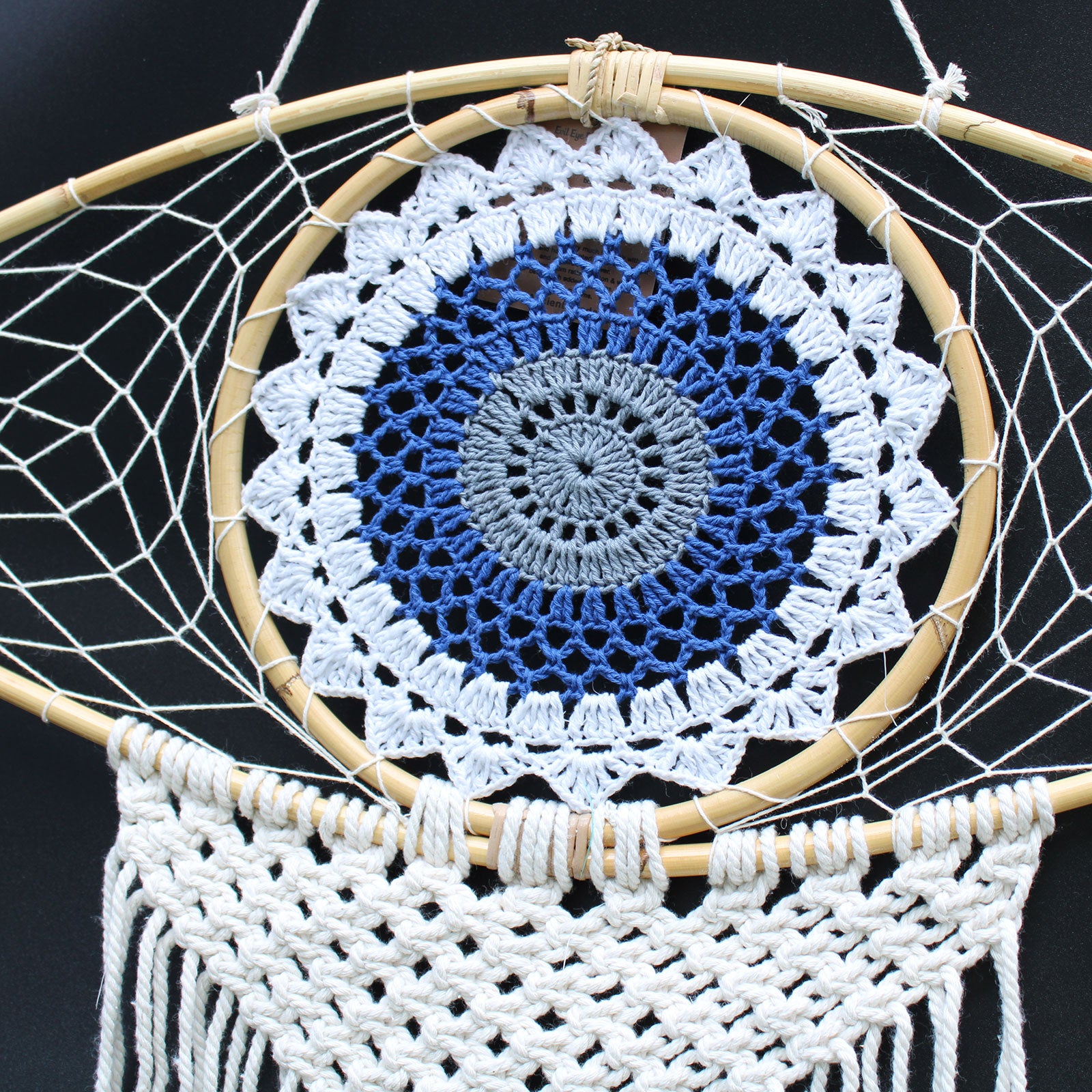 Protection Dream Catcher - Large Macrame Evil Eye White Blue Grey