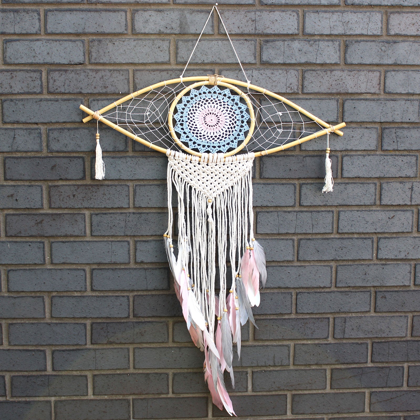 Protection Dream Catcher - Large Macrame Evil Eye White Blue Pink