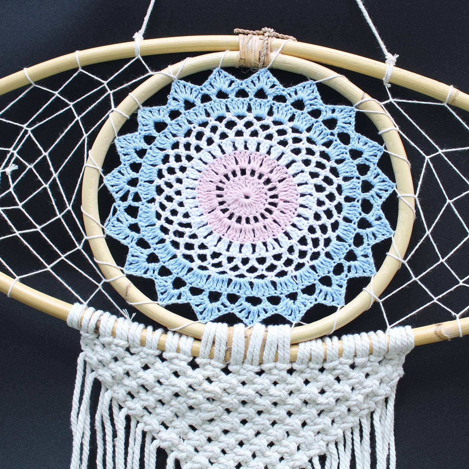 Protection Dream Catcher - Large Macrame Evil Eye White Blue Pink