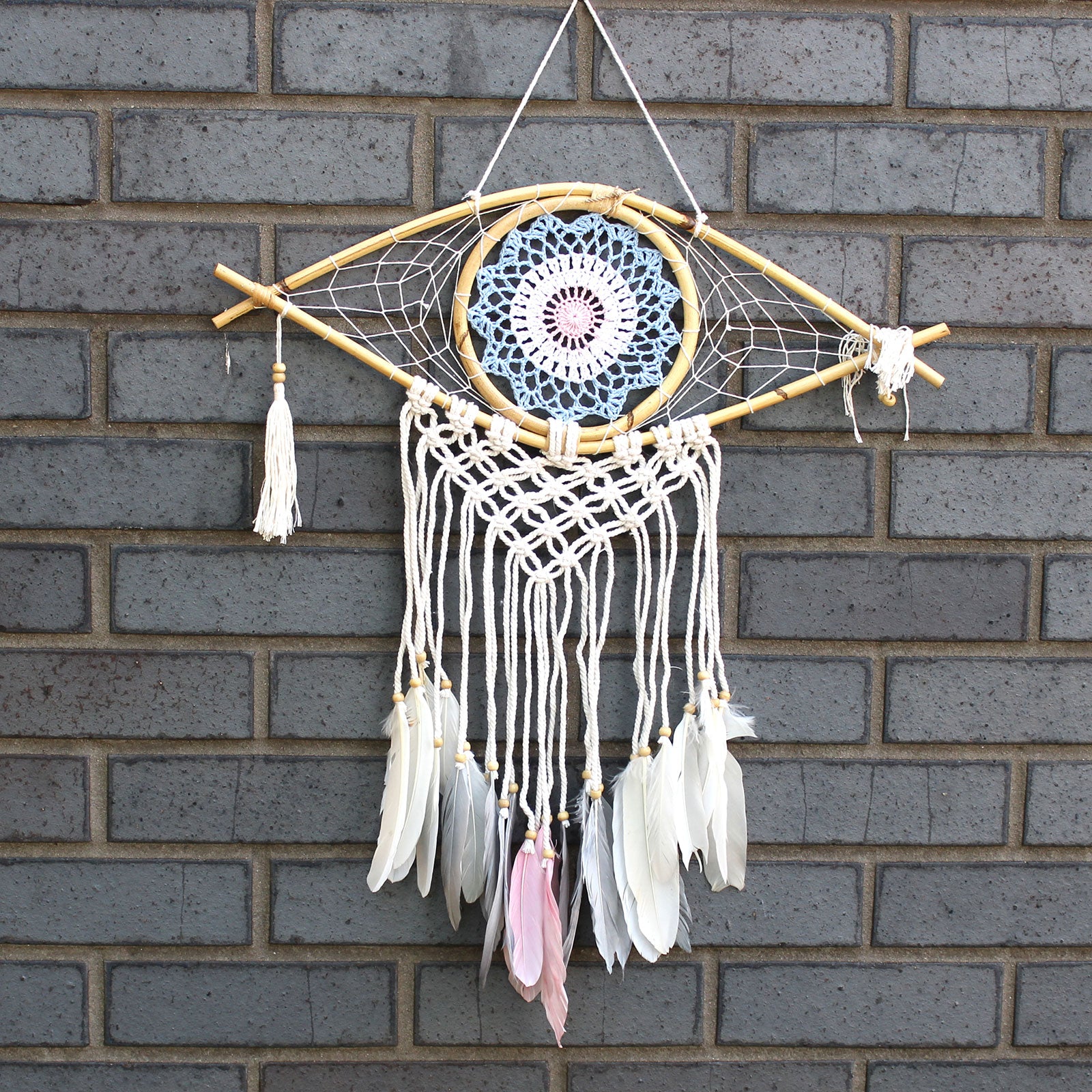 Protection Dream Catcher - Medium Macrame Evil Eye White Blue Pink