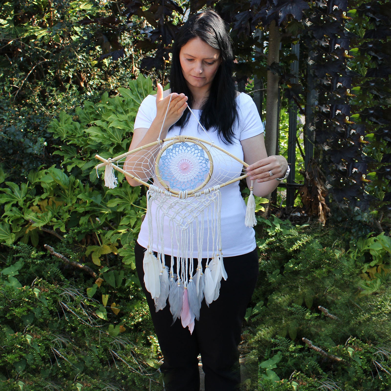 Protection Dream Catcher - Medium Macrame Evil Eye White Blue Pink