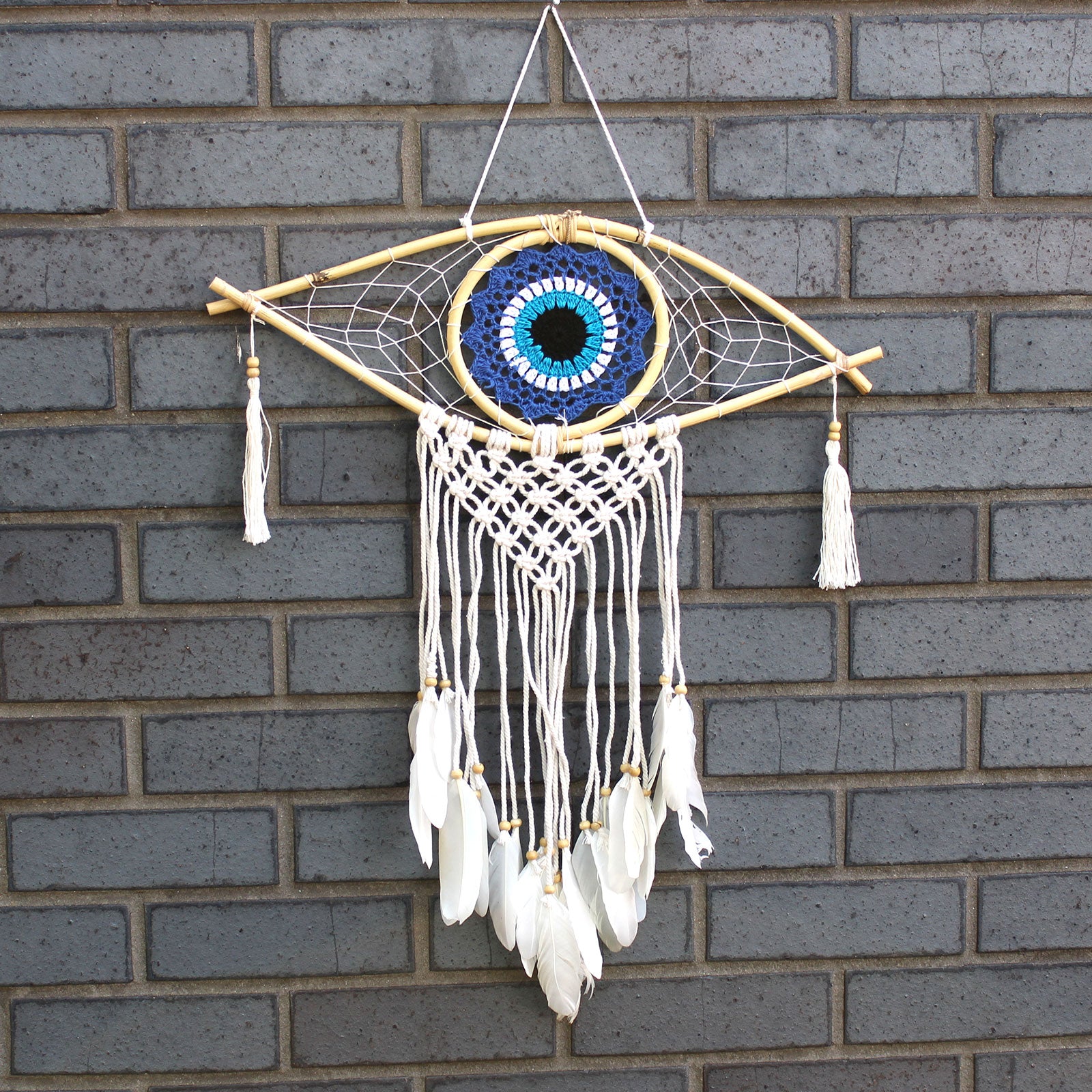 Protection Dream Catcher - Medium Macrame Evil Eye White Blue Black