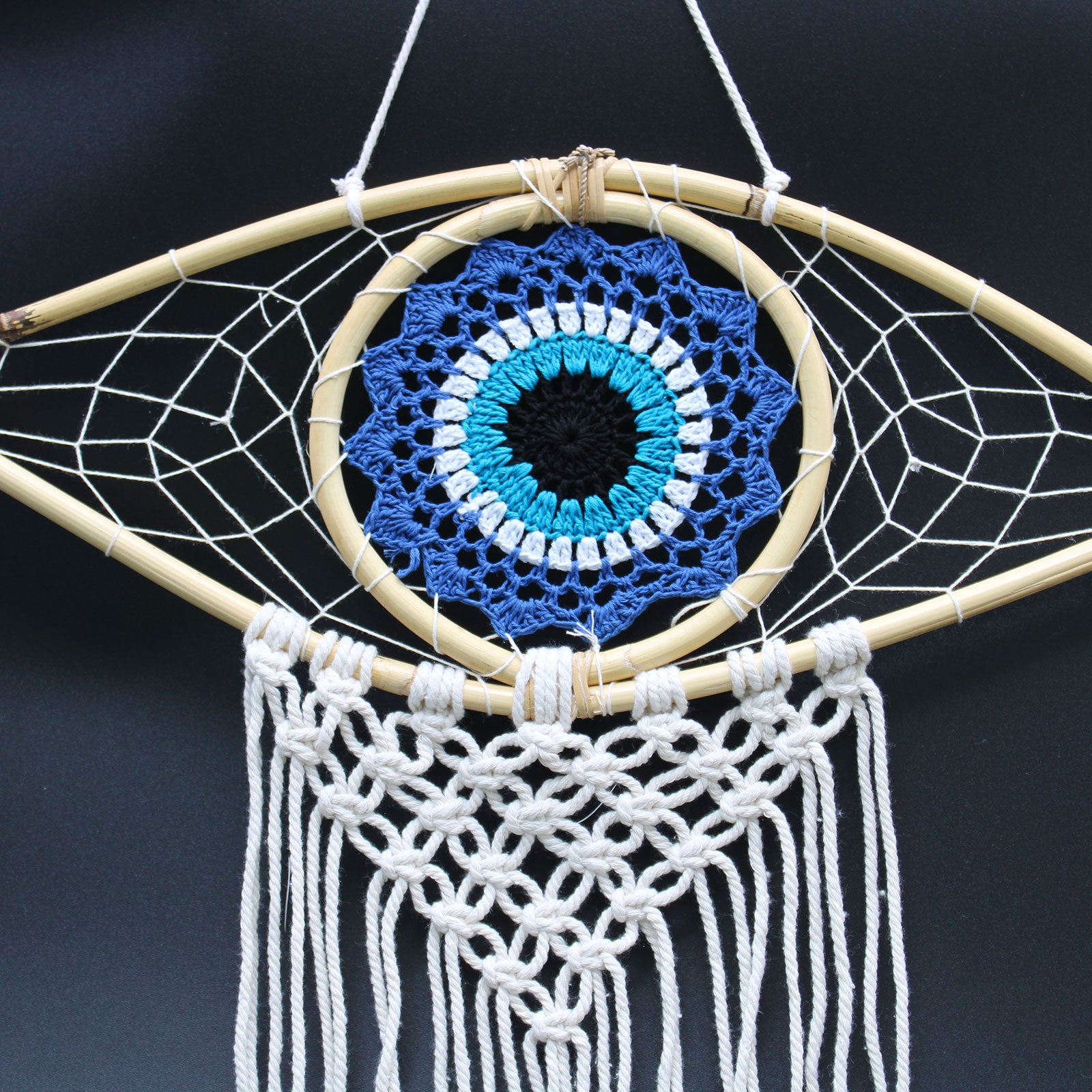 Protection Dream Catcher - Medium Macrame Evil Eye White Blue Black