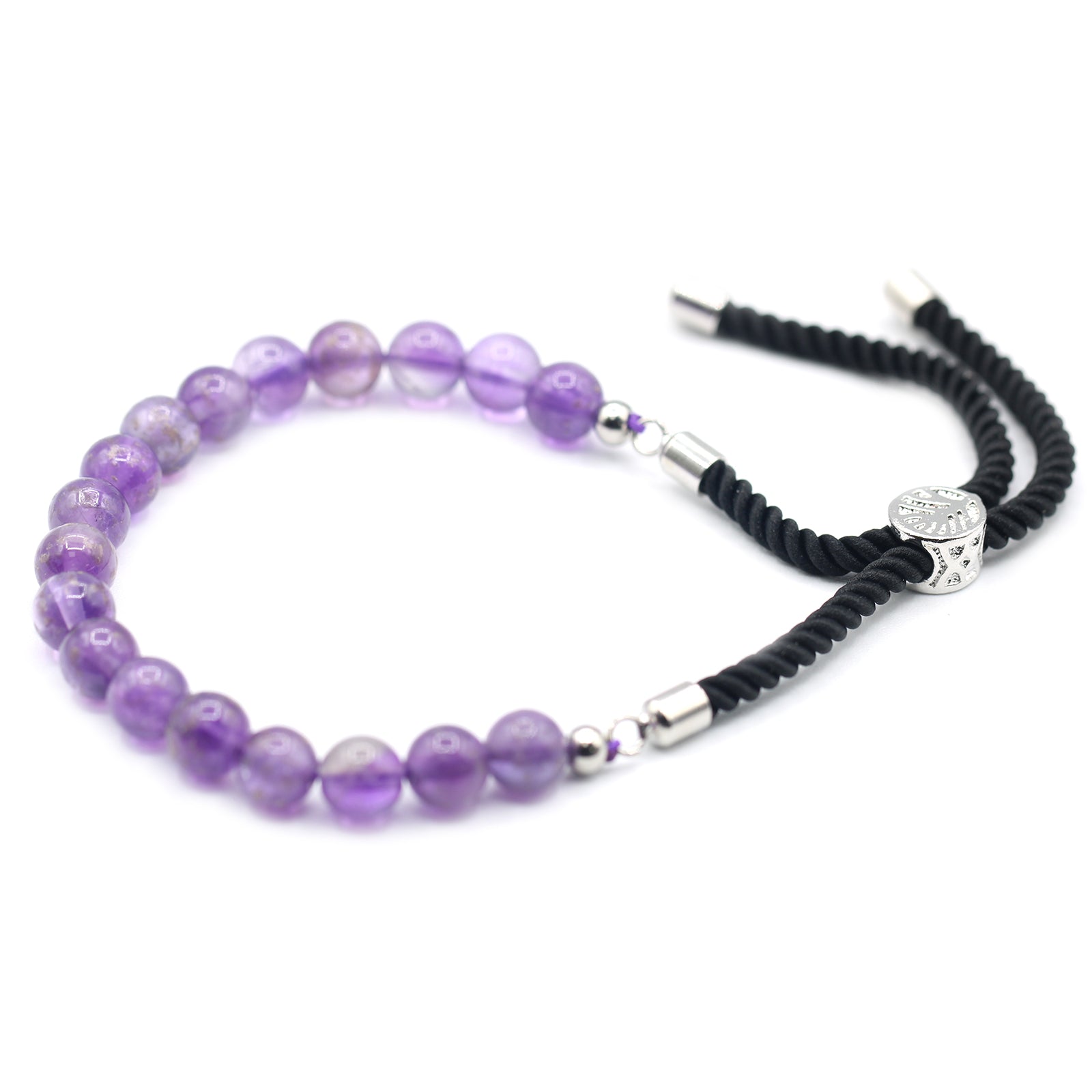 Amethyst - 925 Silver Plated Gemstone Black String Bracelet