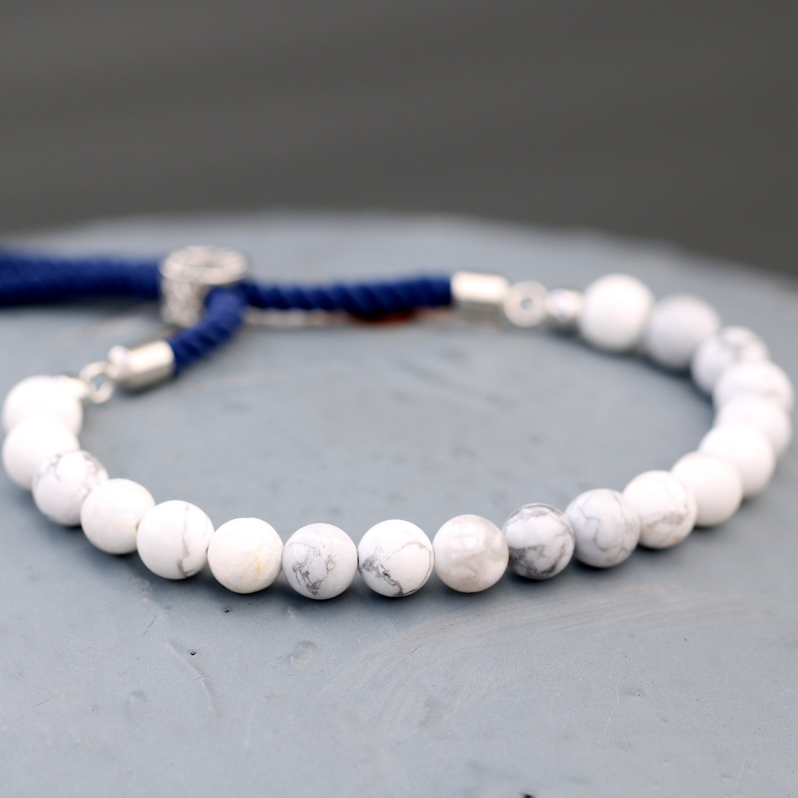 White Howlite - 925 Silver Plated Gemstone Navy String Bracelet