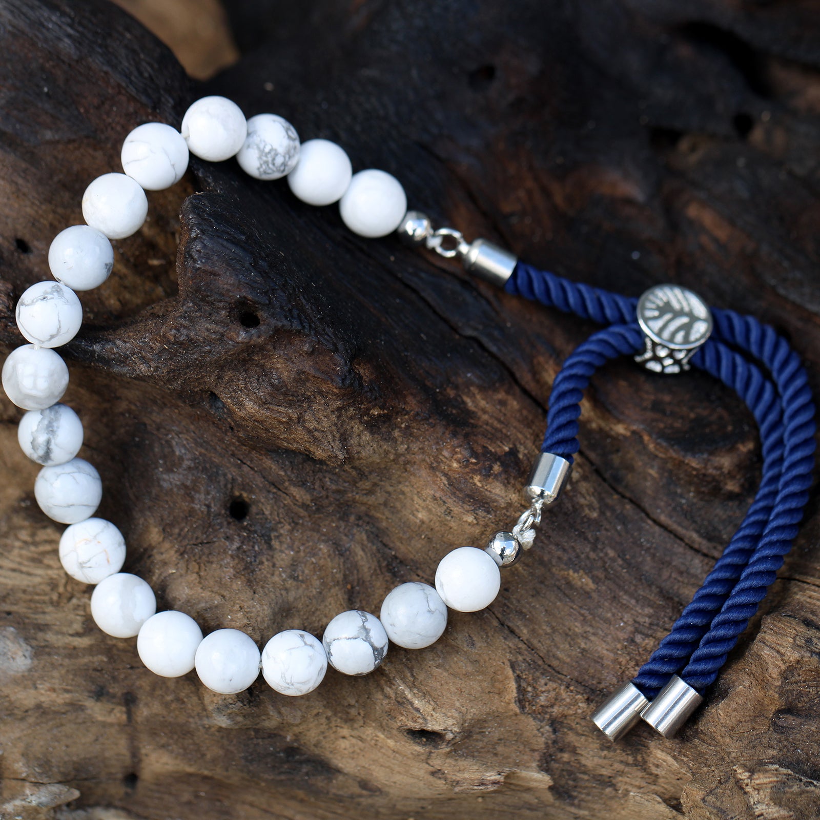 White Howlite - 925 Silver Plated Gemstone Navy String Bracelet