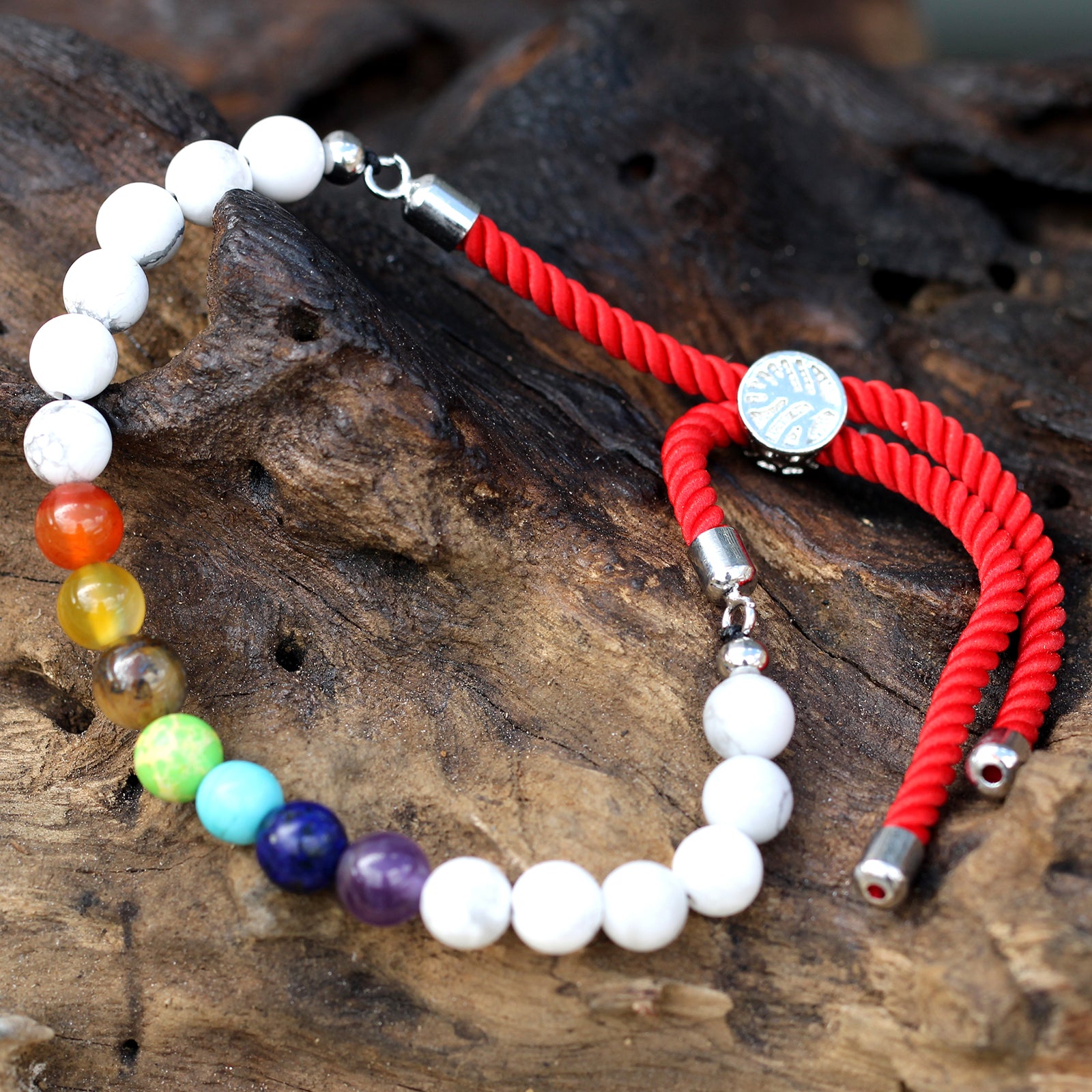 White Howlite Chakra - 925 Silver Plated Gemstone Royal Red String Bracelet