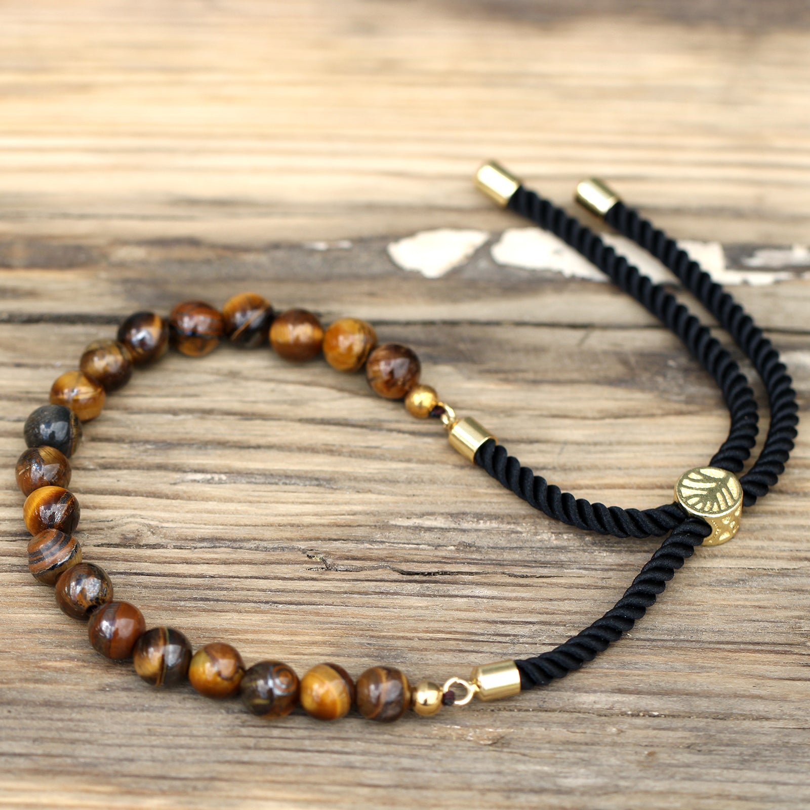 Tiger Eye - 18K Gold Plated Gemstone Black String Bracelet