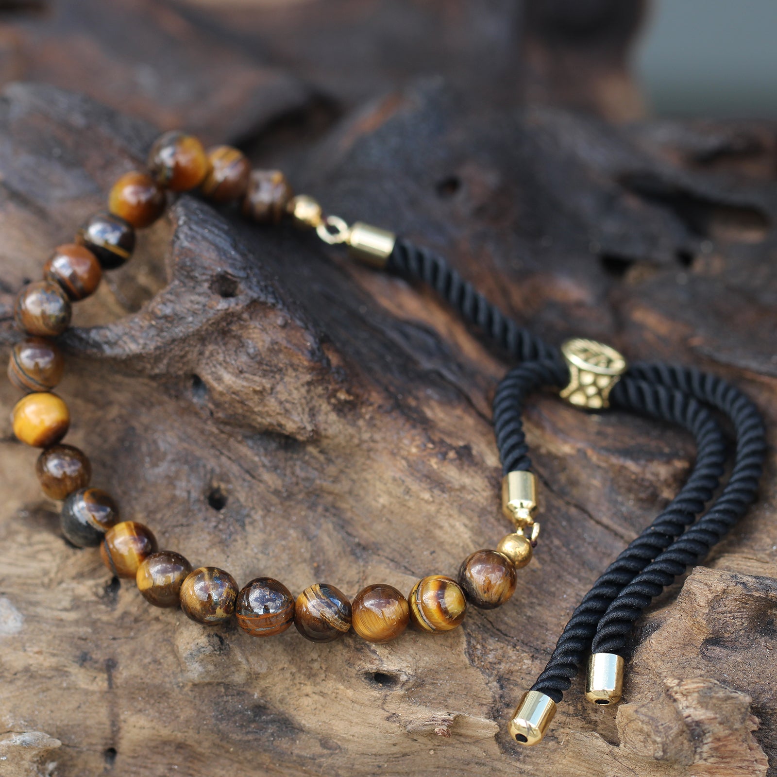 Tiger Eye - 18K Gold Plated Gemstone Black String Bracelet