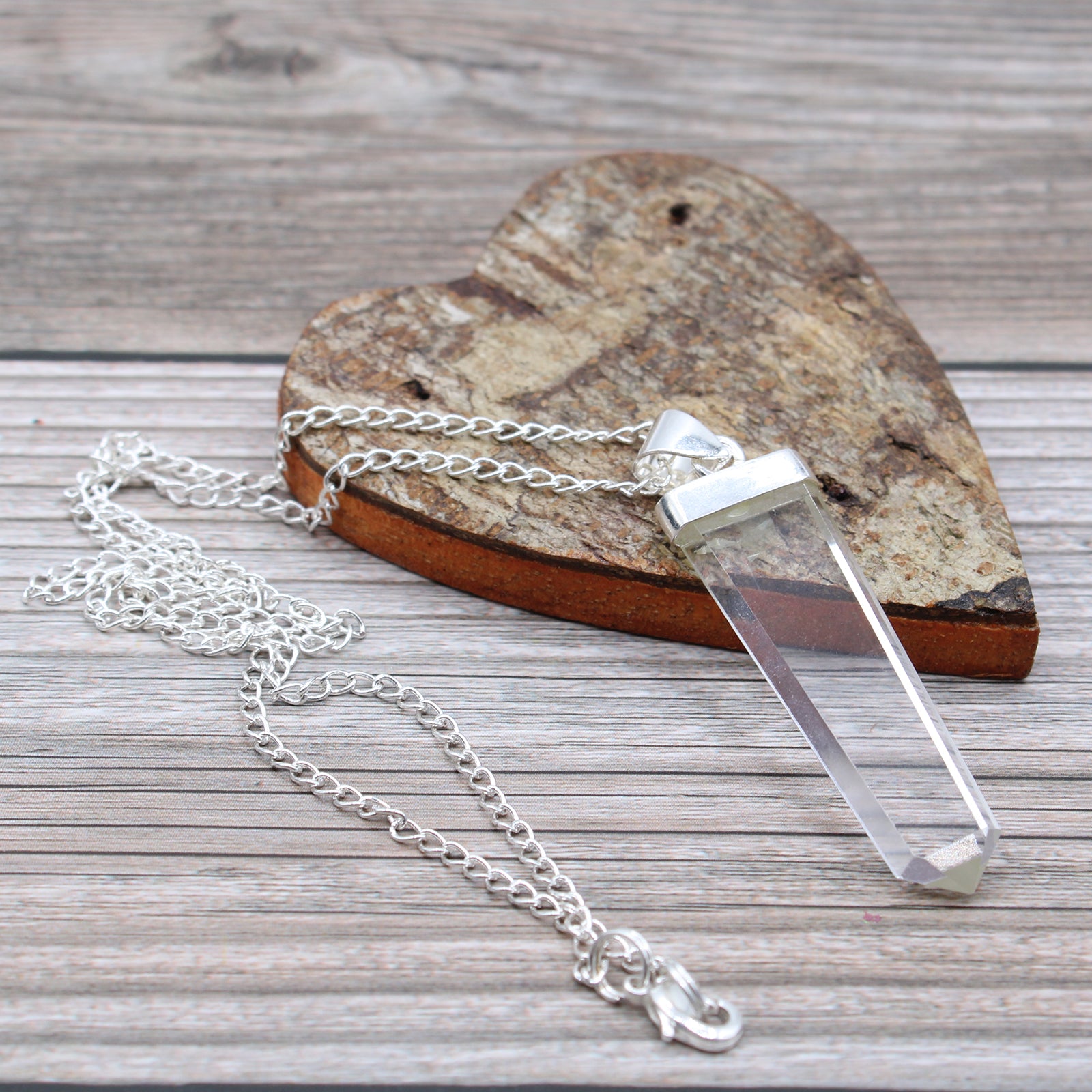 Rock Quartz - Gemstone Flat Pencil Pendant Necklace