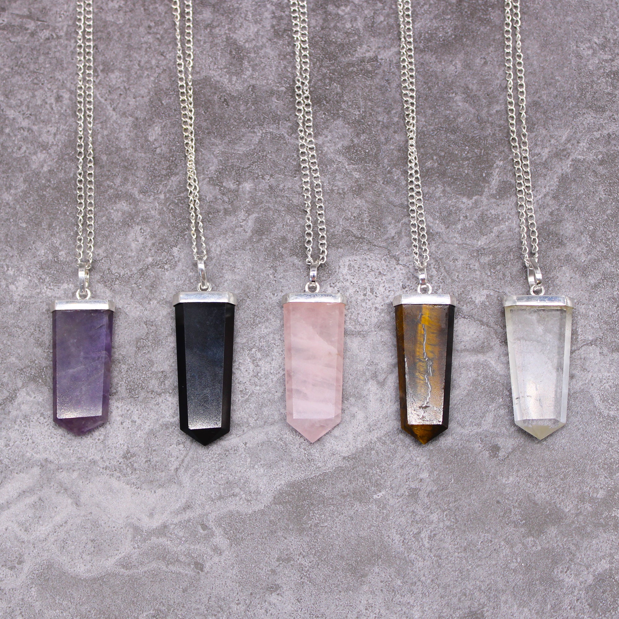 Rock Quartz - Gemstone Flat Pencil Pendant Necklace