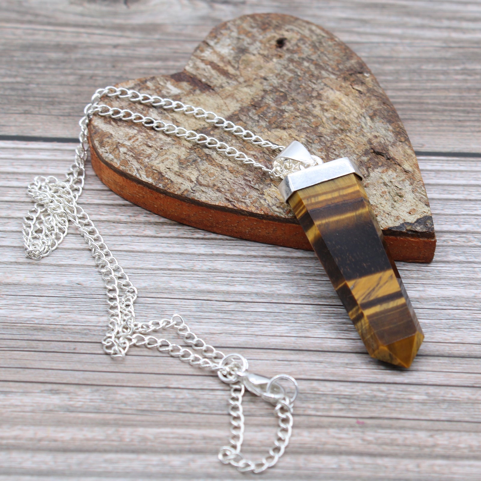 Tigers Eye - Gemstone Flat Pencil Pendant Necklace