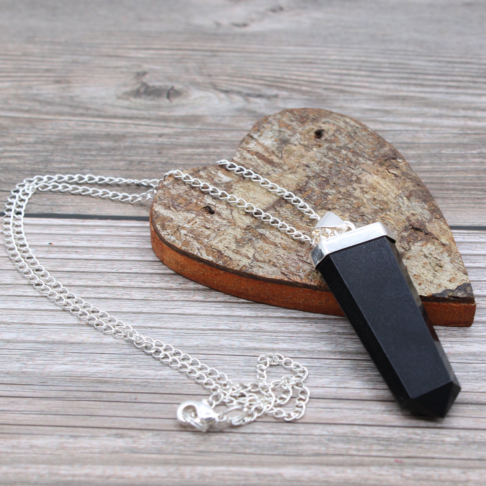 Black Agate - Gemstone Flat Pencil Pendant Necklace