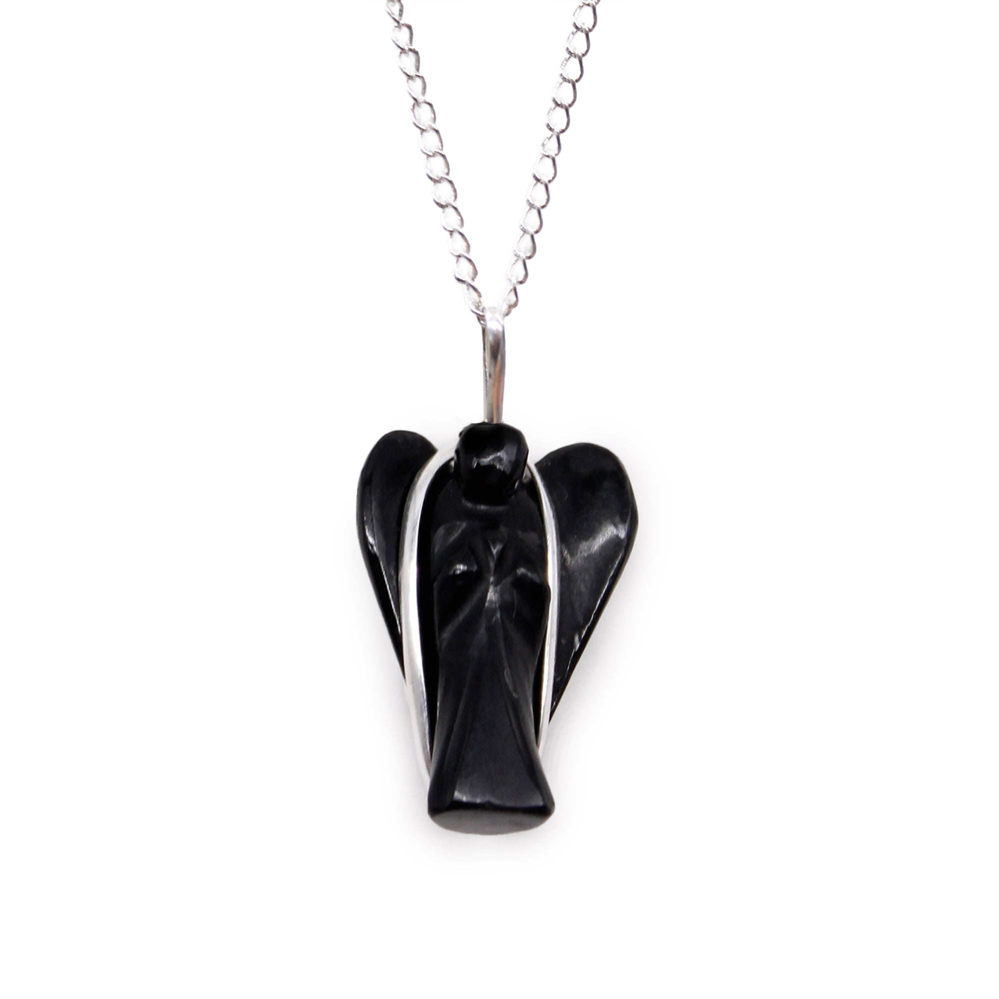 Black Agate - Gemstone Guardian Angel Pendant Necklace