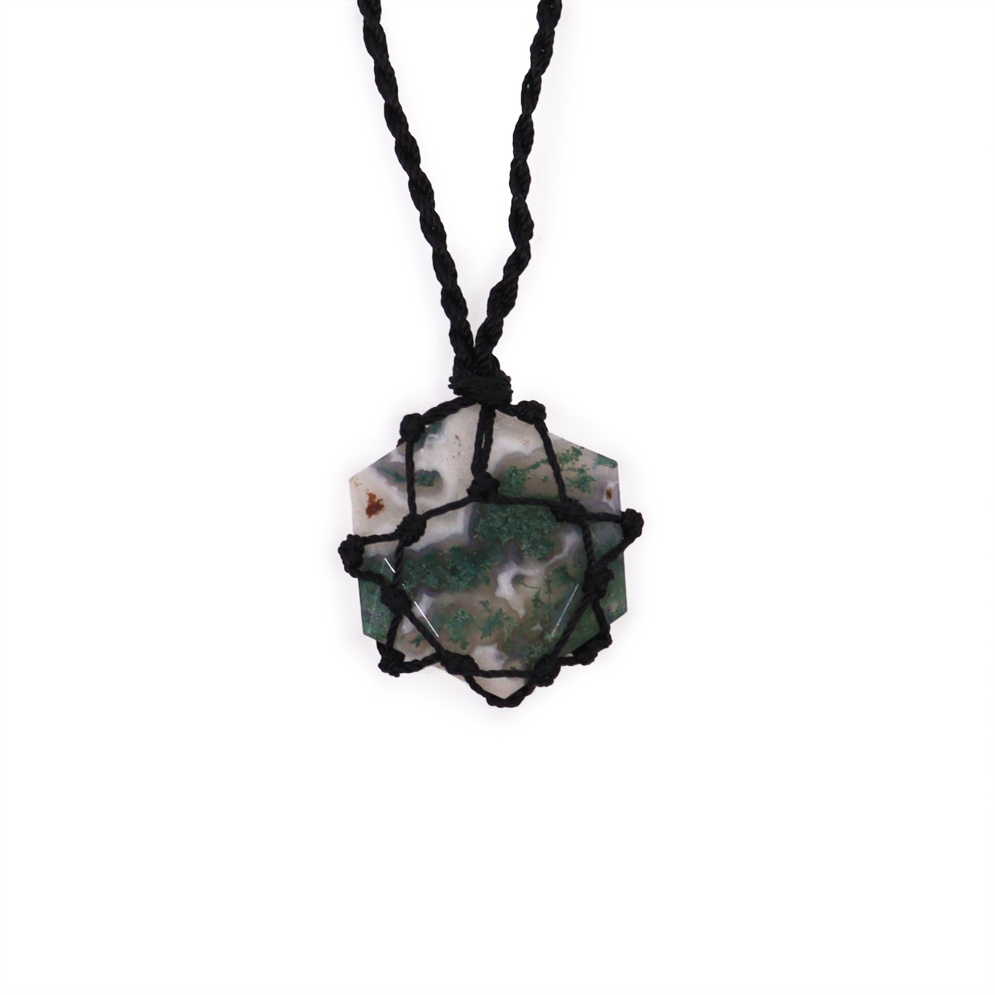 Moss Agate - Laced Gemstone Hexagon Pendant Necklace