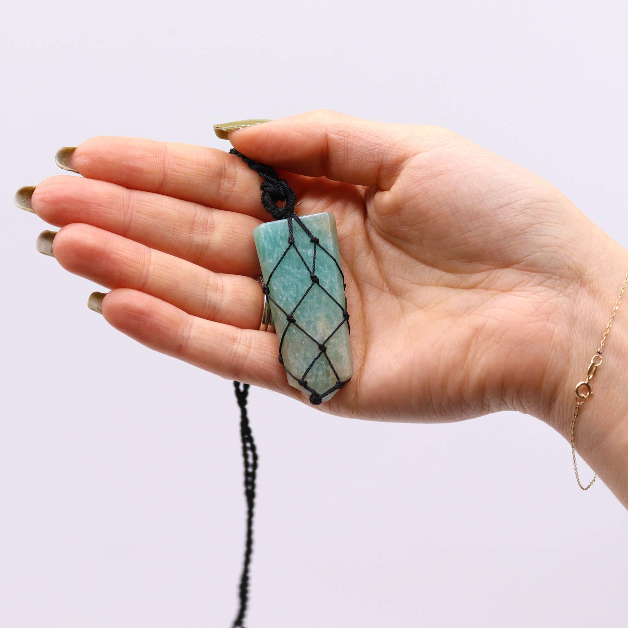 Amazonite - Laced Gemstone Flat Point Pendant Necklace