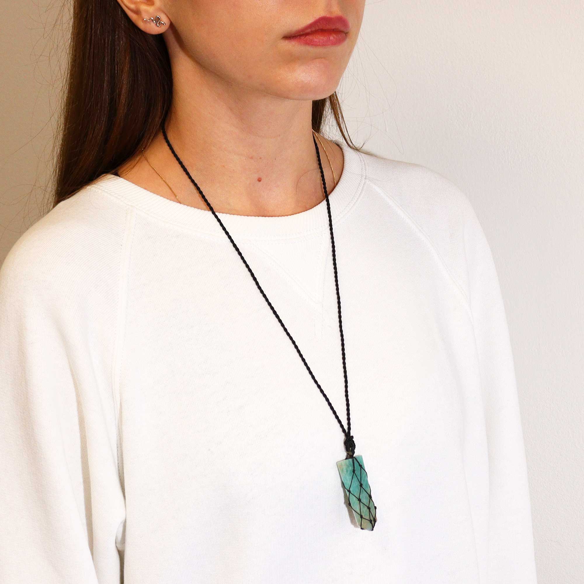 Amazonite - Laced Gemstone Flat Point Pendant Necklace