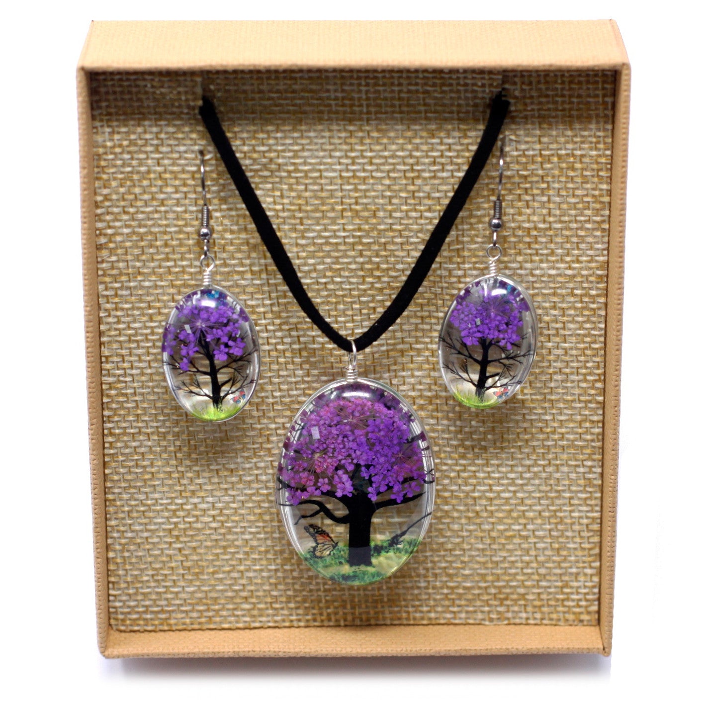 Lavender - Pressed Flowers Necklace & Earring Jewellery Set - Tree of Life