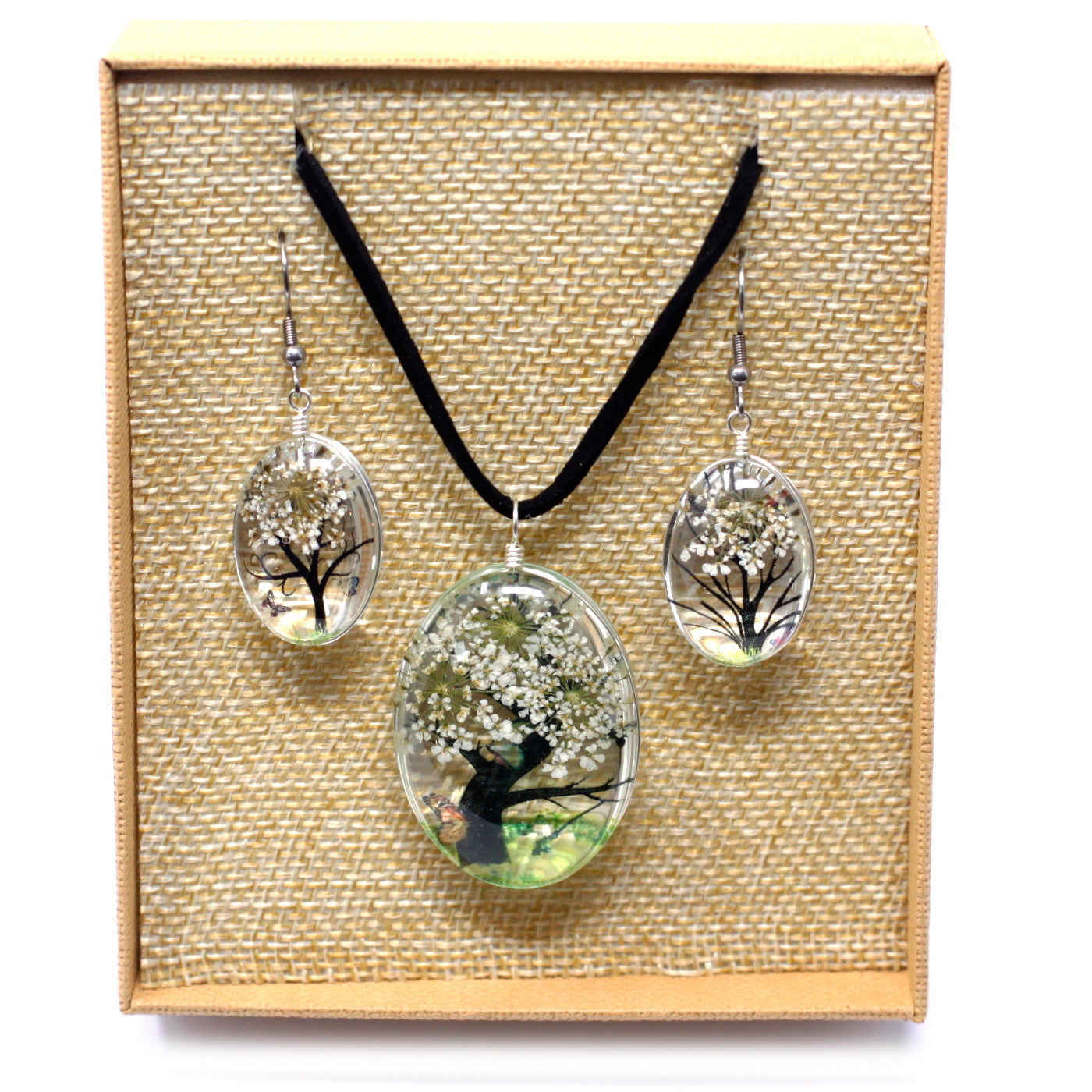 White - Pressed Flowers Necklace & Earring Jewellery Set - Tree of Life