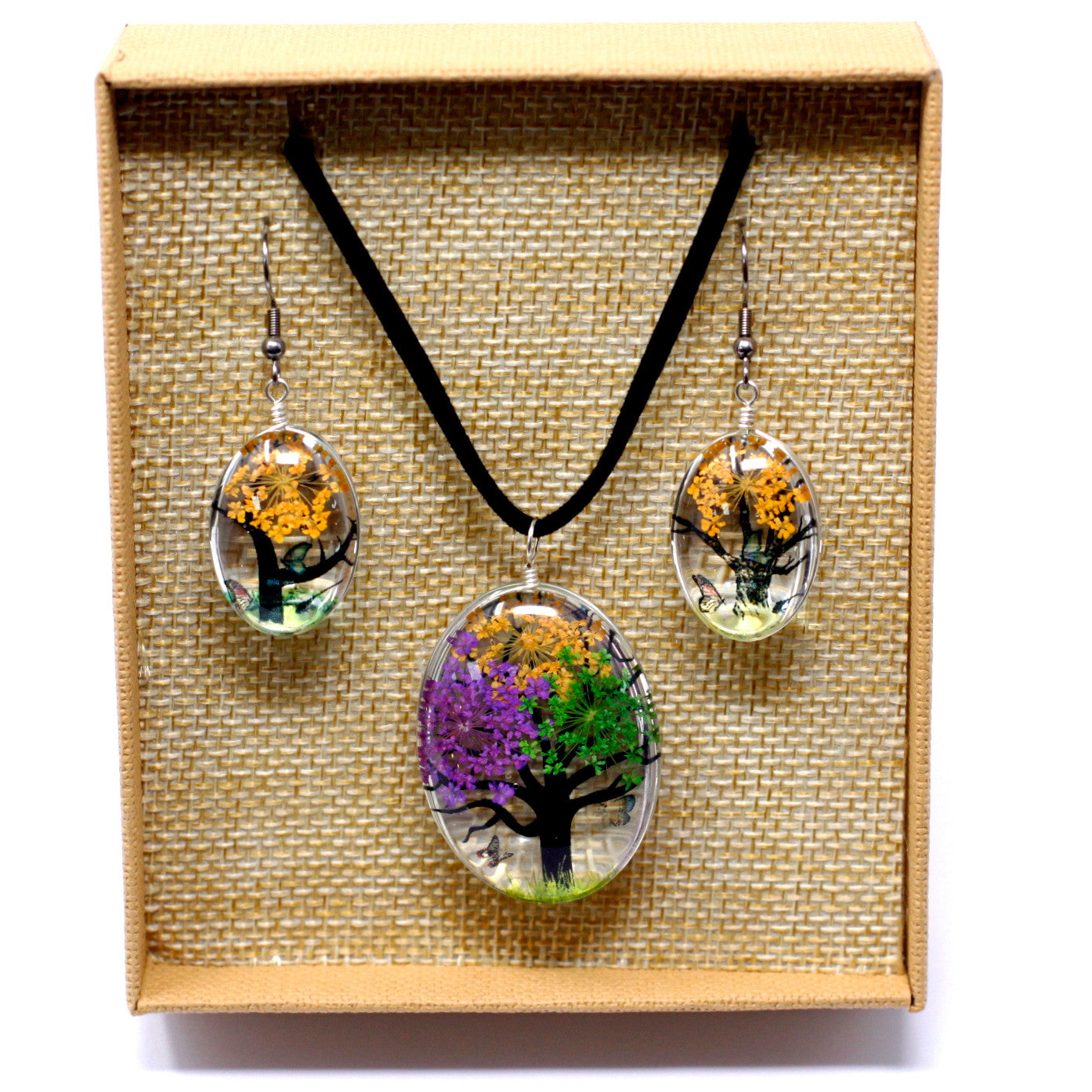 Mixed Colours - Pressed Flowers Necklace & Earring Jewellery Set - Tree of Life