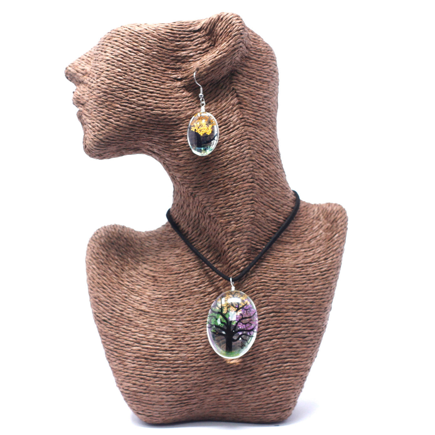 Mixed Colours - Pressed Flowers Necklace & Earring Jewellery Set - Tree of Life