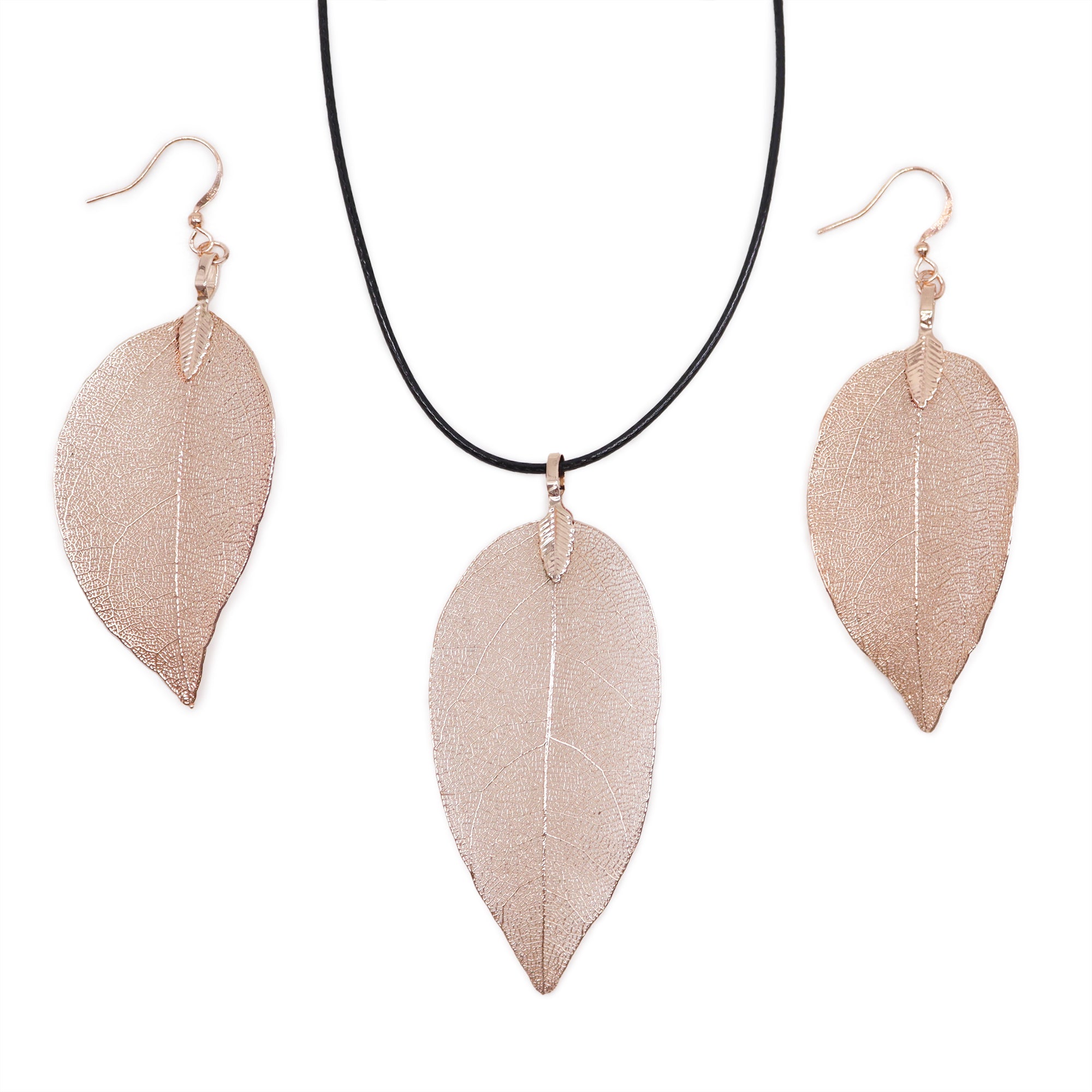 Bravery Leaf Necklace & Earring Set - Pink Gold