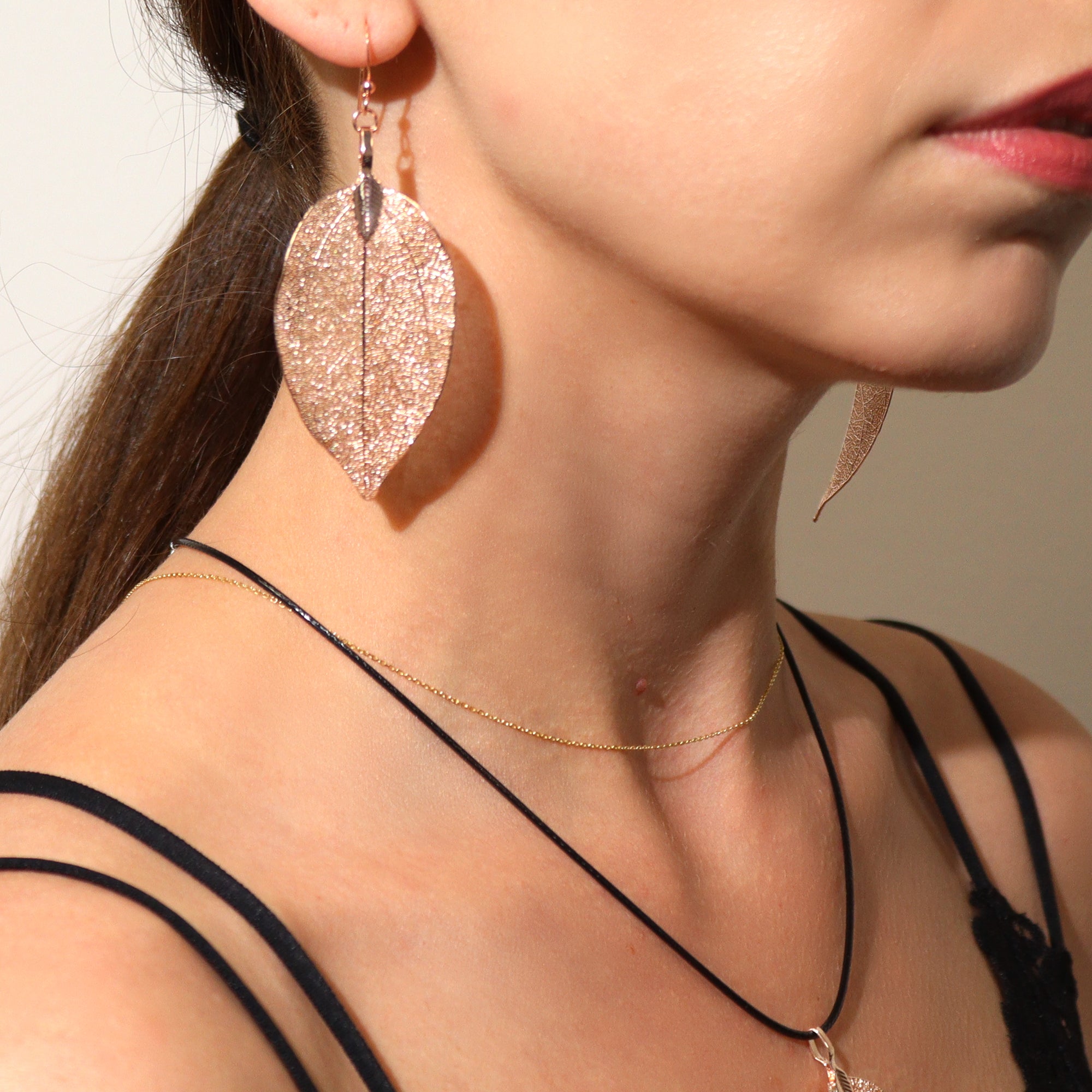 Bravery Leaf Necklace & Earring Set - Pink Gold